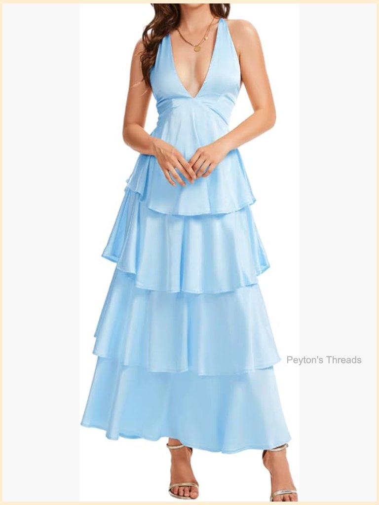 Ruffle Tiered Maxi Dress, Deep V Backless Satin Formal Dress